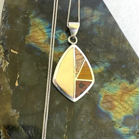 Sterling Silver 925 Mother Of Pearl Jasper Tigers Eye Inlay Pendants Necklace - Picture 6 of 16